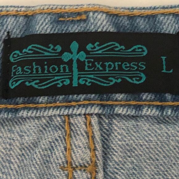 Fashion Express Denim Mini Skirt Sz L Distressed Ripped Raw Hem Festival Trendy - Picture 3 of 8